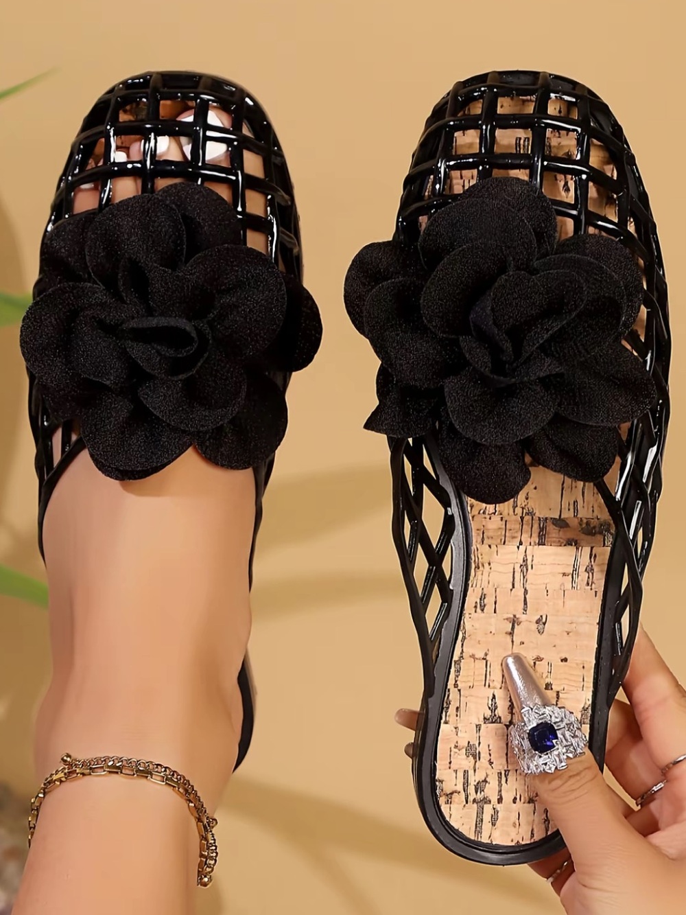 Women's Black Floral Mesh Slip-On Sandals